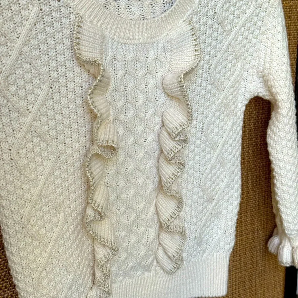 Baby Gap Winter White Ruffle Front Sweater with gold Trim Sz 3 yrs